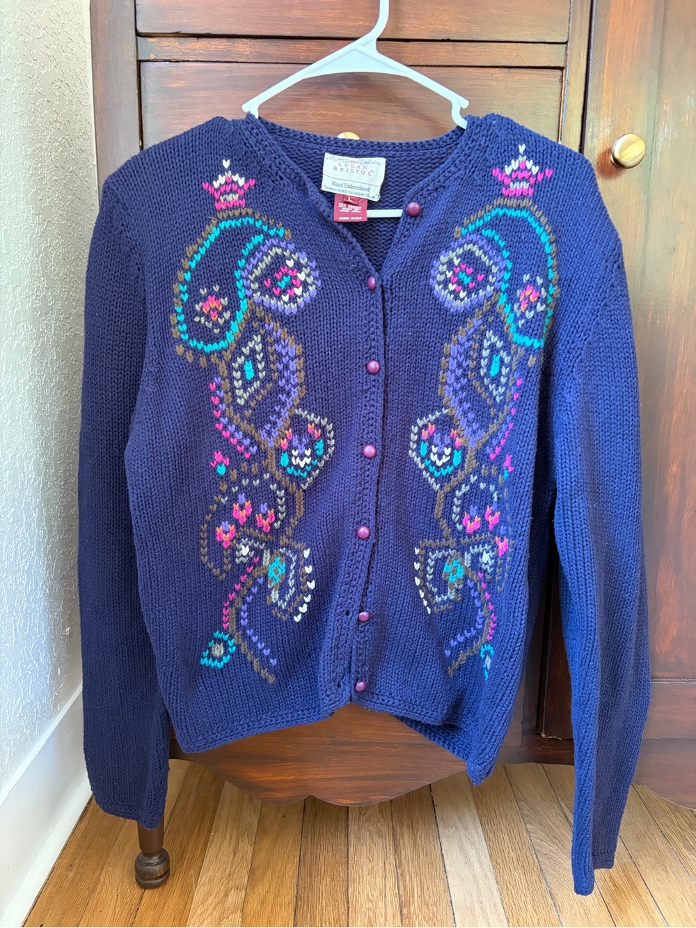 Vintage 1989 Susan Bristol Hand Embroidered button cardigan sweater size Large